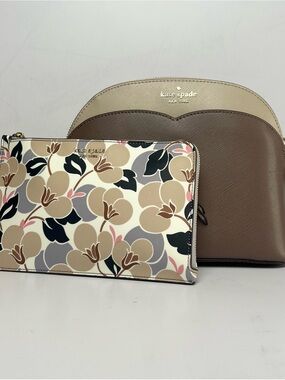 Kate Spade New York Crossbody Bag & Matching Floral Wristlet Neutral Taupe Set